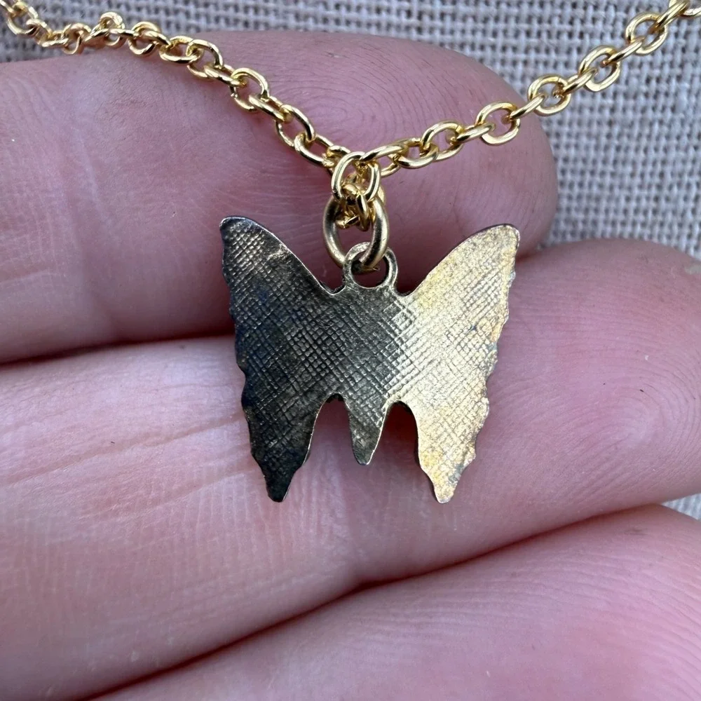 Vintage Enamel Butterfly‎ Necklace Blue Guilloche Gold Tone 16
